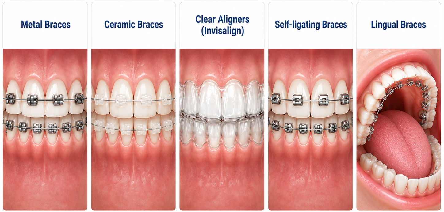 metal braces, ceramic braces, invisalign, self-ligating braces, lingual braces