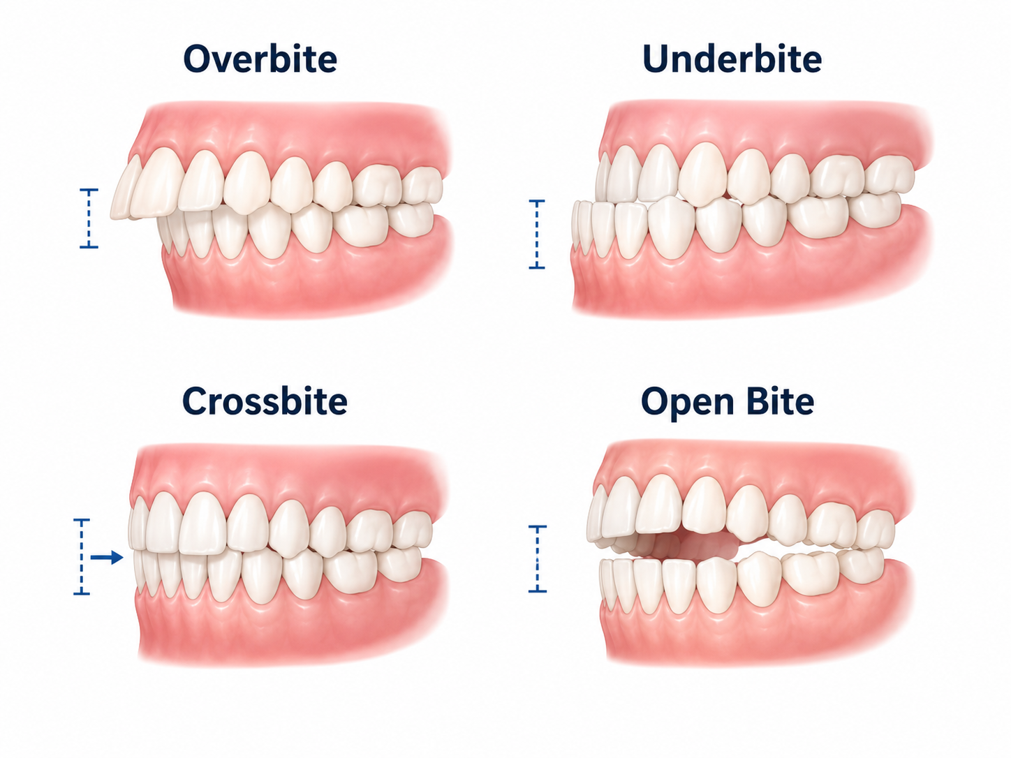 overbite, underbite, crossbite, and open bite