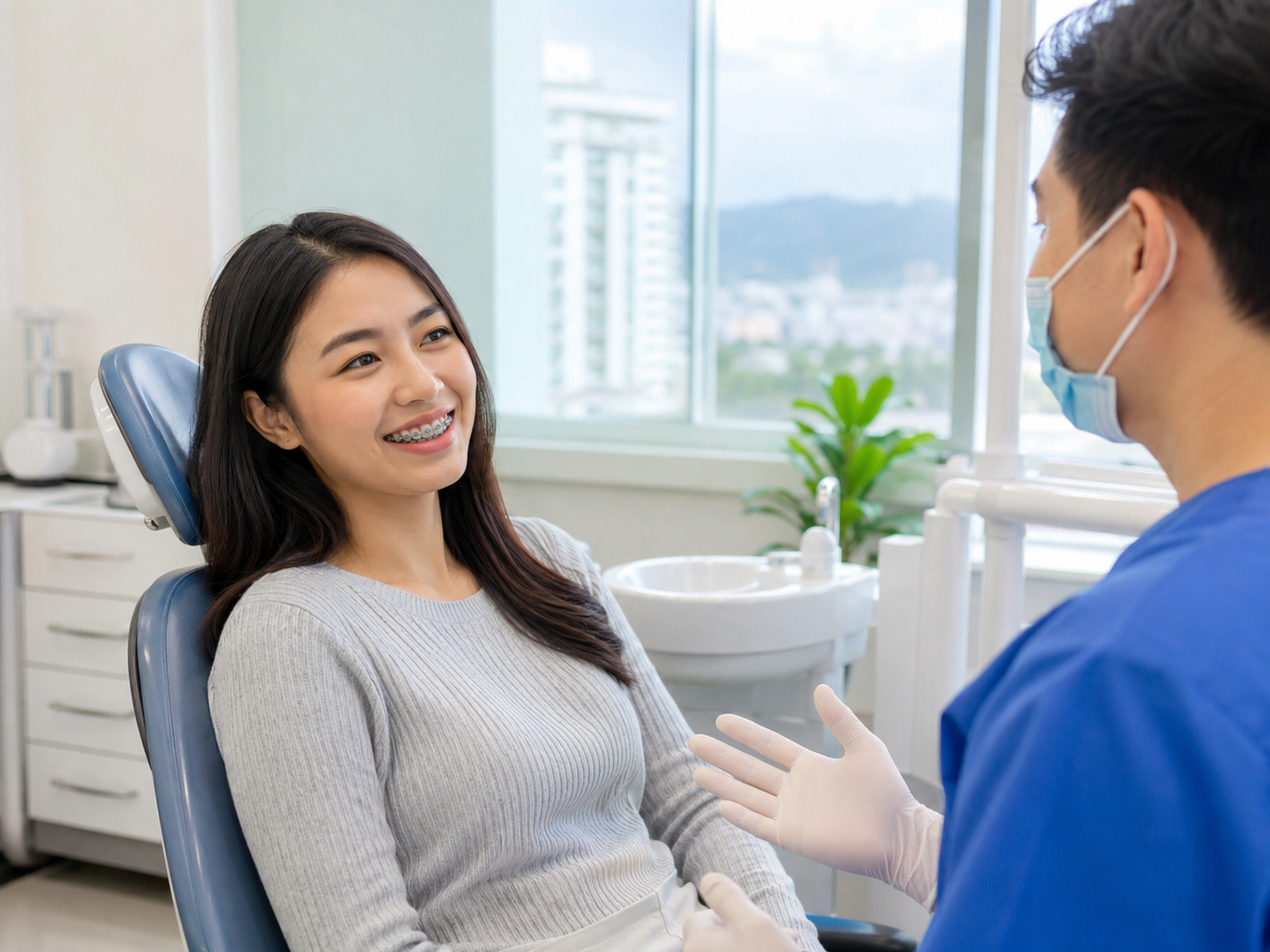 smiling with braces during a dental consultation